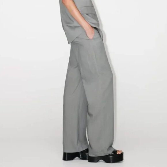 NWT ZARA 2 PIECES MATCH SET SUIT OVERSIZED LINEN BLEND VEST + FLARED PANTS GRAY - Picture 6 of 14
